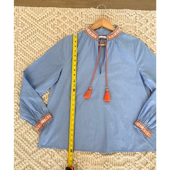 CK Bradley Norway Blouse Chambray Tassel Embroidered Collar Medium - Picture 6 of 8